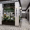 Traditional Courtyard Garden Landscape with Arched Doors Windows Hanging Vines Green Plants Large Ceramic Jar