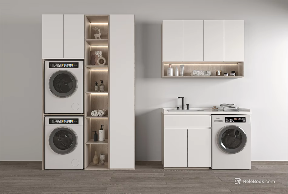 Modern White Bathroom Cabinetry With Washing Machine And Storage Design 3d model