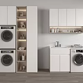 Modern White Bathroom Cabinetry With Washing Machine And Storage Design 3d model