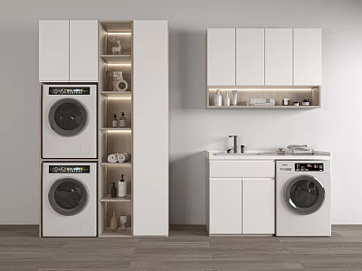 Modern White Bathroom Cabinetry With Washing Machine And Storage Design 3d model