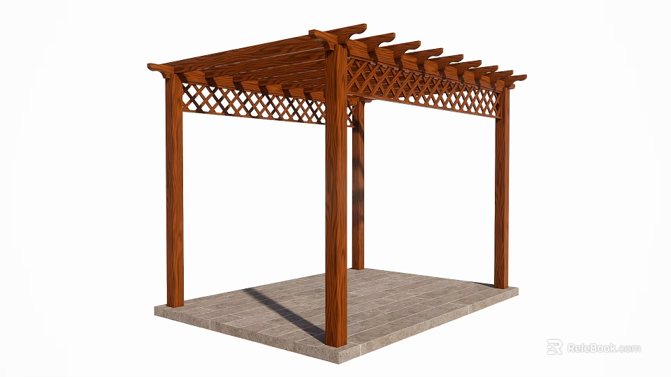 Wooden Outdoor Pergola With Lattice Top Design And Concrete Base Supporting Posts 3d model 