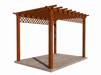 Wooden Outdoor Pergola With Lattice Top Design And Concrete Base Supporting Posts 3d model