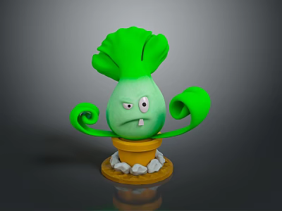 Cartoon Green Lettuce Character With Curved Arms Angry Face Yellow Pot And White Stones 3d model
