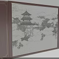 Elegant Luxury Background Wall With Chinese Ink Landscape Painting Wooden Frame And Gold Trim