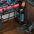 Modern Gaming Desk With Dual Monitors RGB Neon Lights Keyboard And PC Case