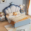 Blue White Kids Bed with Shell Shaped Headboard Crown Yellow Quilt Plush Toys Bedside Tables