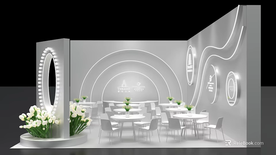 Modern Exhibition Hall Interior With White Tables Chairs Circular Decor And Green Plants 3d model 