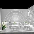 Modern Exhibition Hall Interior With White Tables Chairs Circular Decor And Green Plants