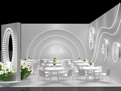 Modern Exhibition Hall Interior With White Tables Chairs Circular Decor And Green Plants 3d model