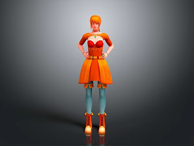 Woman With Orange Hair Wearing Orange Dress Green Gem Necklace Blue Tights And Orange Boots 3d model