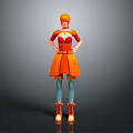 Woman With Orange Hair Wearing Orange Dress Green Gem Necklace Blue Tights And Orange Boots