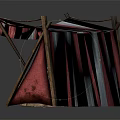 Ancient Architectural Market Stalls With Wooden Structures Striped Canopies Barrels And Tools