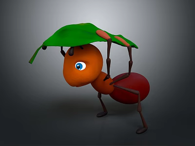 Cute Orange Ant Holding Green Leaf as Natural Umbrella in Simple Scene 3d model