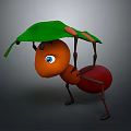 Cute Orange Ant Holding Green Leaf as Natural Umbrella in Simple Scene