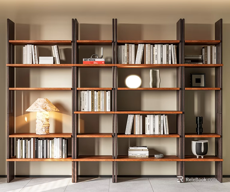 Modern Wooden Bookshelf With Multiple Shelves Books Lamp Vase And Decorative Items 3d model 