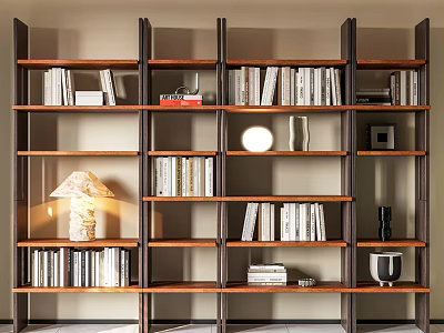 Modern Wooden Bookshelf With Multiple Shelves Books Lamp Vase And Decorative Items 3d model