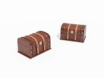 Vintage Brown Wooden Storage Chests With Metal Buckles And Leather Straps 3d model