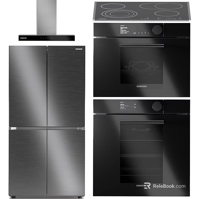 Modern Black Stainless Steel Kitchen Appliances Including Refrigerator Oven And Range Hood 3d model 