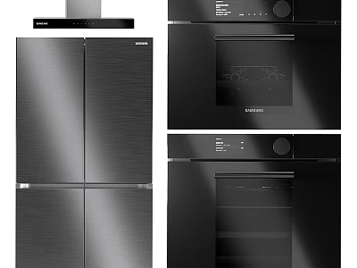 Modern Black Stainless Steel Kitchen Appliances Including Refrigerator Oven And Range Hood 3d model