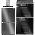 Modern Black Stainless Steel Kitchen Appliances Including Refrigerator Oven And Range Hood