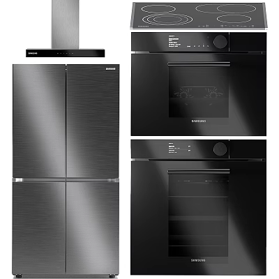 Modern Black Stainless Steel Kitchen Appliances Including Refrigerator Oven And Range Hood 3d model