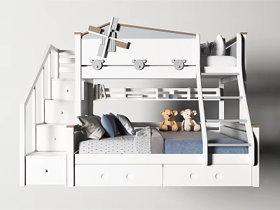 White Bunk Bed With Stairs Storage Drawers Pillows And Stuffed Teddy Bears 3d model