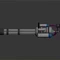 Multi Barrel Mechanical Device Featuring Silver Metal Structure Blue Components And Pink Cables