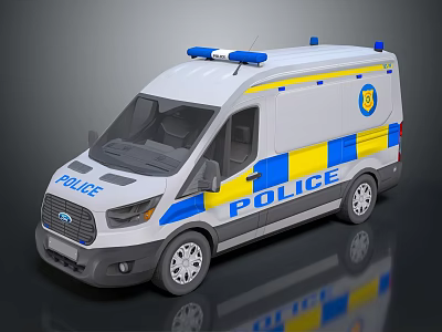 White Police Van With Blue Yellow Stripes And Emergency Lights 3d model