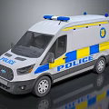White Police Van With Blue Yellow Stripes And Emergency Lights