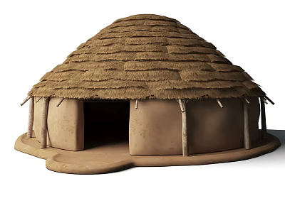 Traditional Thatched House Exterior With Thatch Roof Mud Walls And Wooden Poles 3d model
