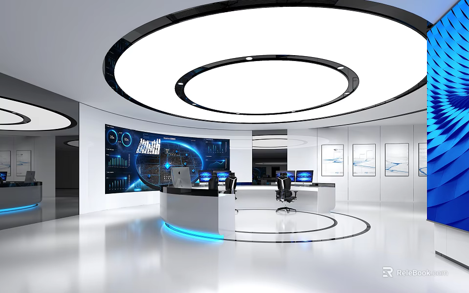 Modern Control Room Interior Design With Large Screens Console Circular Ceiling Lights And Blue Lighting 3d model 
