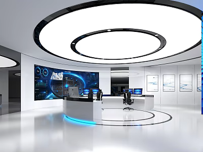 Modern Control Room Interior Design With Large Screens Console Circular Ceiling Lights And Blue Lighting 3d model