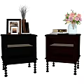 Black and Brown Bedside Tables Featuring Mesh Drawers Photo Frames Vases with Flowers and Books