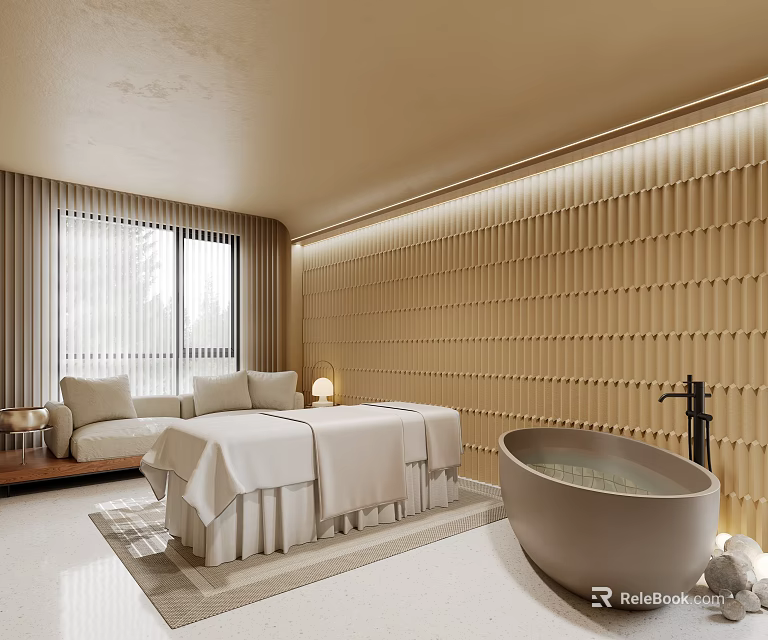 Luxurious SPA Room With Massage Bed Bathtub And Warm Lighting 3d model 