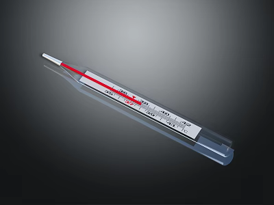 Transparent Glass Thermometer With Red Liquid On Dark Background And Temperature Scale 3d model