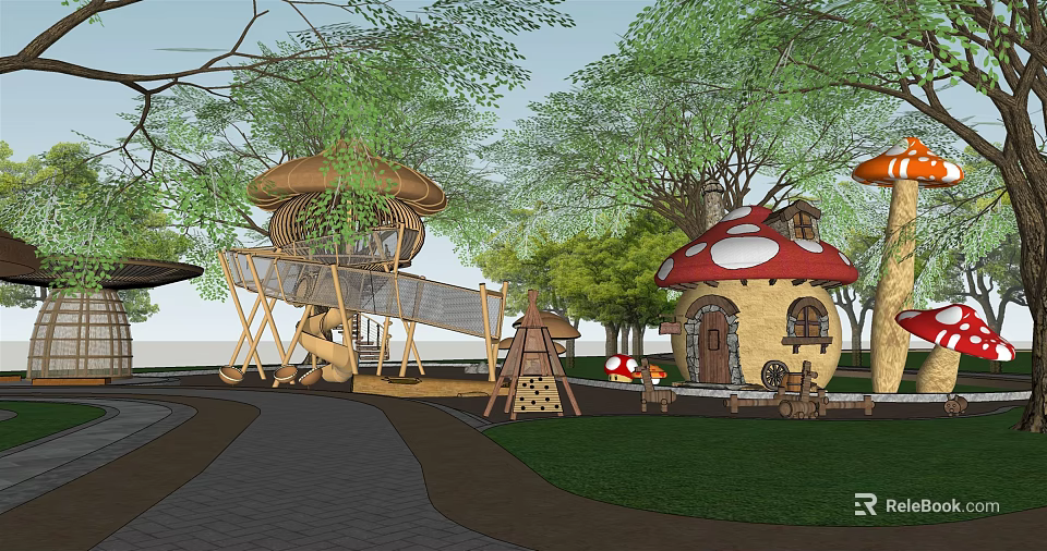 Natural Themed Children's Playground With Mushroom Shaped House Slide Climbing Net and Surrounding Green Trees 3d model 
