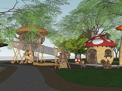 Natural Themed Children's Playground With Mushroom Shaped House Slide Climbing Net and Surrounding Green Trees 3d model