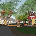 Natural Themed Children's Playground With Mushroom Shaped House Slide Climbing Net and Surrounding Green Trees