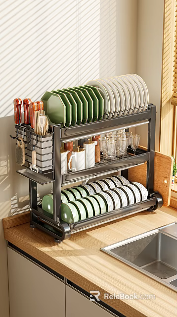 Multi Tiered Kitchen Dish Rack Organizes Plates Bowls Utensils Glasses 3d model 
