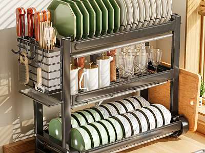 Multi Tiered Kitchen Dish Rack Organizes Plates Bowls Utensils Glasses 3d model
