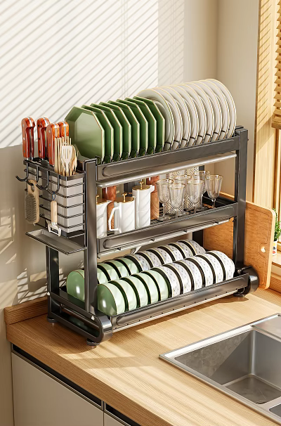 Multi Tiered Kitchen Dish Rack Organizes Plates Bowls Utensils Glasses 3d model