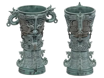 Traditional Chinese Ancient Bronze Vessels With Dragon Handles And Intricate Patterns 3d model
