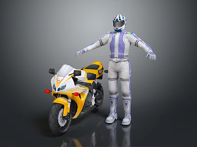 Yellow Racing Motorcycle With Rider In White And Blue Racing Suit Helmet 3d model