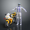Yellow Racing Motorcycle With Rider In White And Blue Racing Suit Helmet
