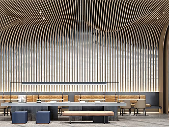 Modern Cafe Bread Milk Tea Shop Beverage Dessert Shop Dining Table and Chair Combination Creative Wave Undulating Wooden Slats Ceiling Coffee Dessert Milk Tea Bar 3d model