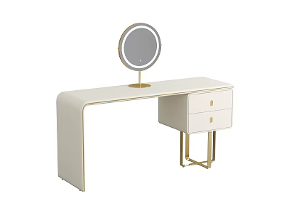 Modern White Vanity with Gold Accents Round Mirror and Two Drawers 3d model