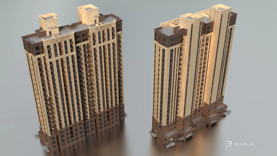 Modern High Rise Residential Building With Beige And Brown Facade And Symmetrical Design 3d model 