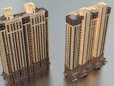 Modern High Rise Residential Building With Beige And Brown Facade And Symmetrical Design 3d model