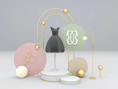 Elegant Window Display with Black Dress Mannequin Golden Arch and Colorful Panels 3d model