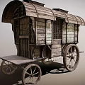 Vintage Wooden Carriage with Curved Roof Wooden Frames Windows and Spoked Wheels